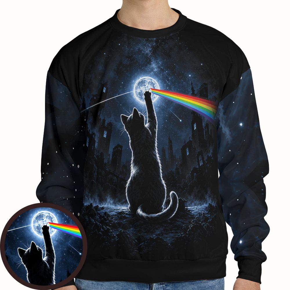 Cosmic Rainbow Moon Cat Silhouette Full Print Sweatshirt -  - 1