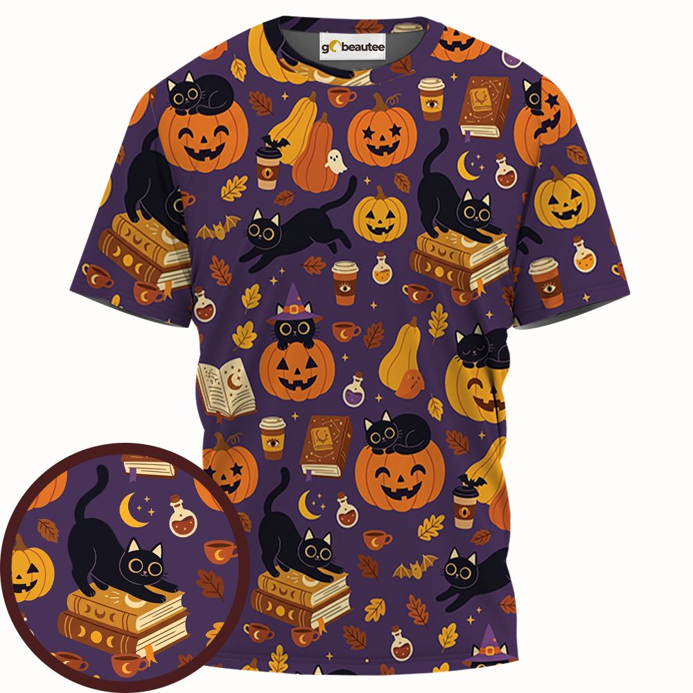 Purple Spooky Black Cat &amp; Pumpkin Magic Full Print Unisex T-Shirt -  - 1