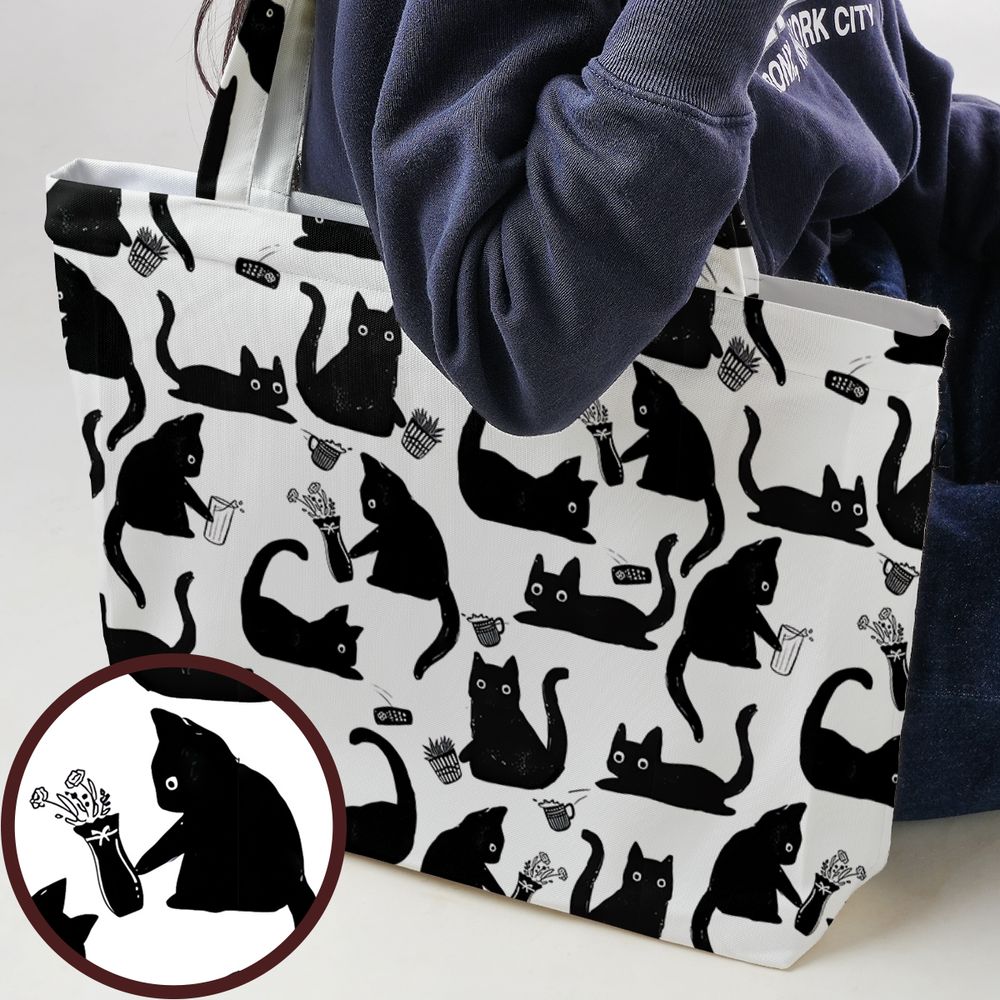 Mischievous Black Cat Pattern Large Tote Bag -  - 1