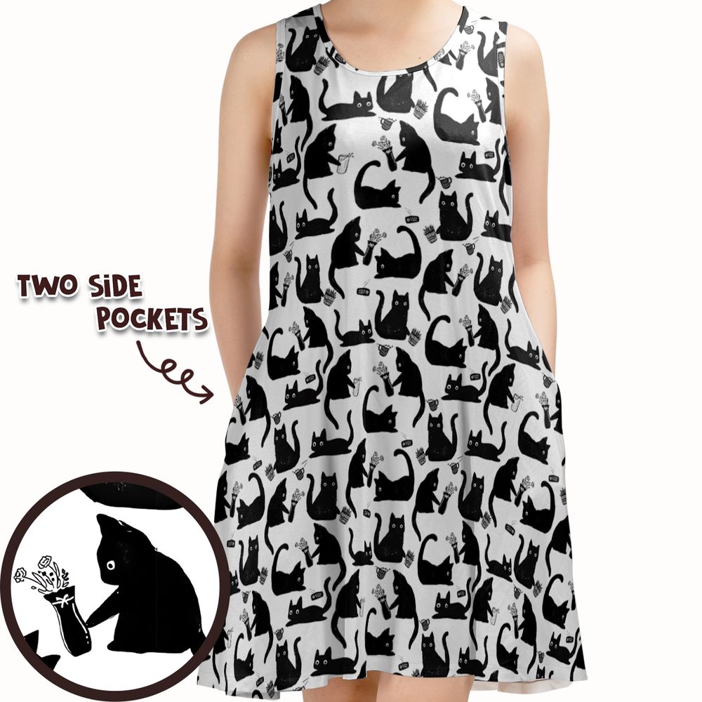 Mischievous Black Cat Pattern Sleeveless Dress -  - 1