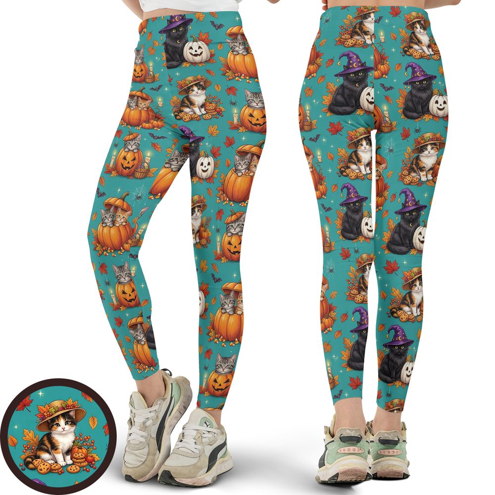 Festive Fall Pumpkin &amp; Witch Cat Full Print Legging -  - 1