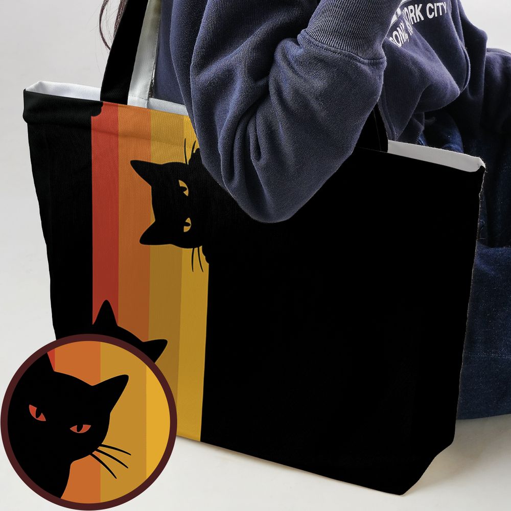 Retro Sunset Peeking Black Cat Large Tote Bag -  - 1