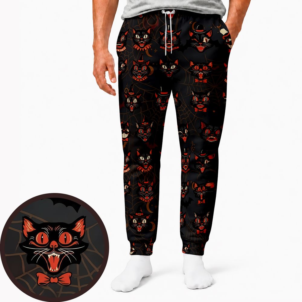 Retro Spooky Black Cat Halloween Sweatpants -  - 1