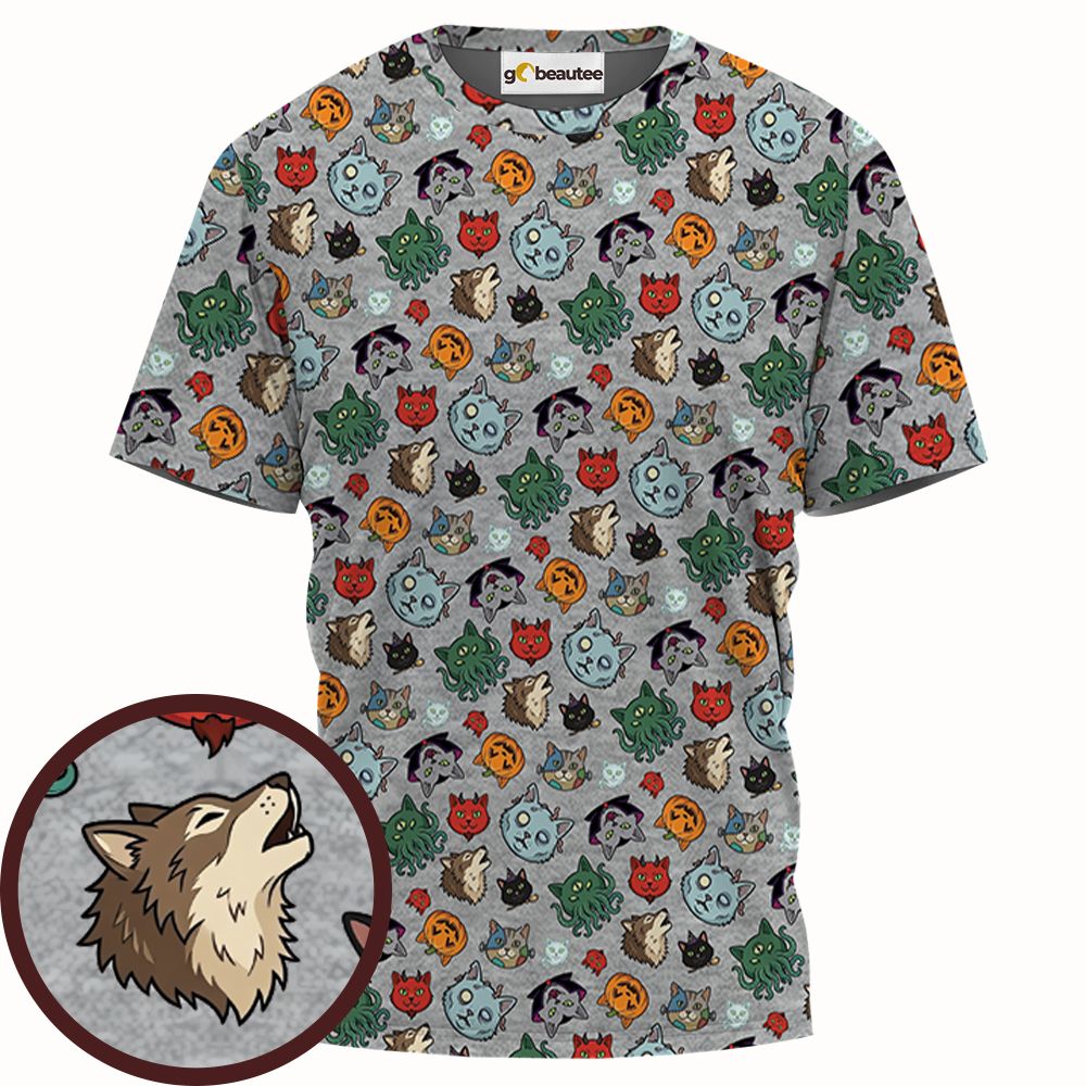 Spooky Monster Cat Mashup Halloween Full Print Unisex T-Shirt -  - 1