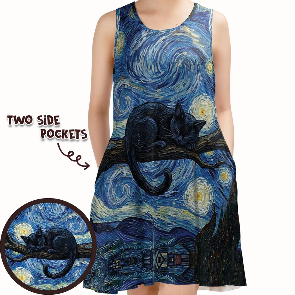 Starry Night and Black Cat Sleeveless Dress -  - 1