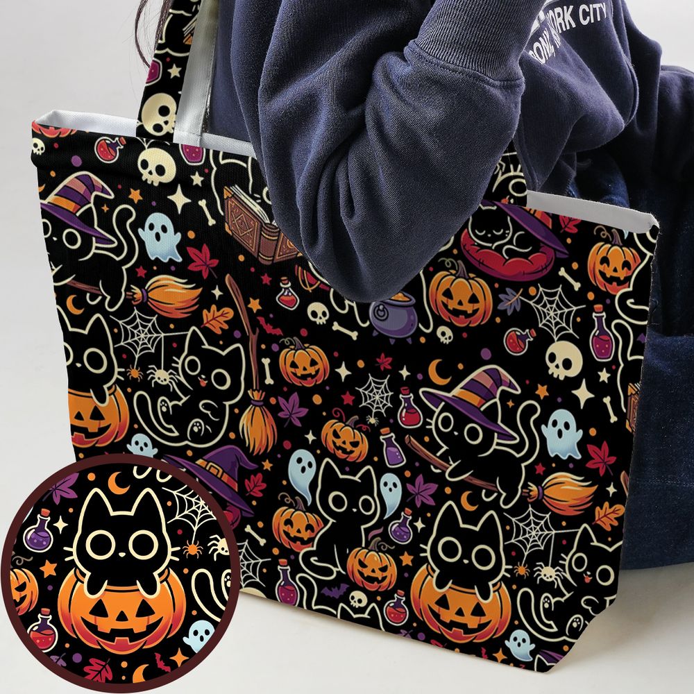 Black Cat and Pumpkin Large Tote Bag -  - 1