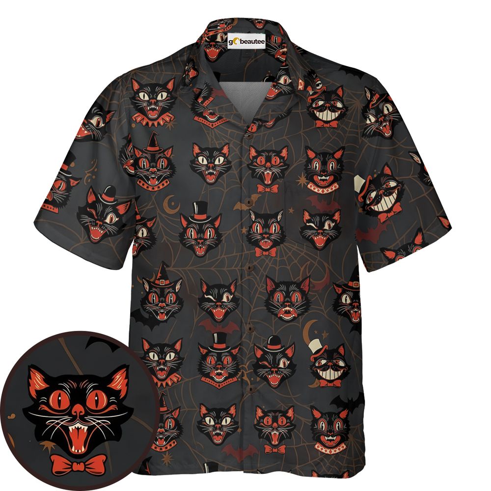 Retro Spooky Black Cat Halloween Hawaiian Shirt -  - 1