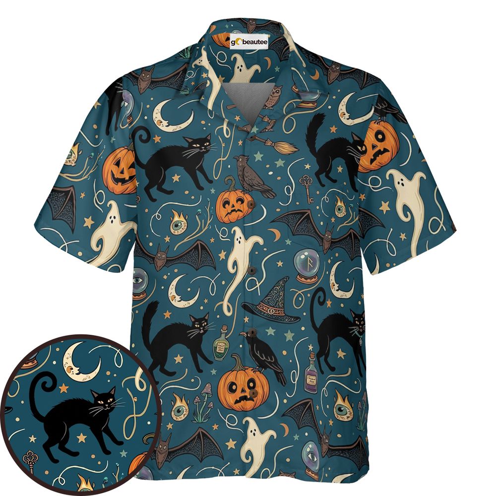 Magical Black Cat &amp; Spooky Night Halloween Hawaiian Shirt -  - 1