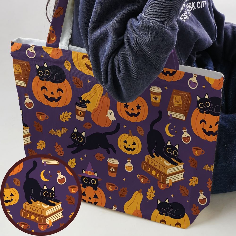 Purple Spooky Black Cat &amp; Pumpkin Magic Large Tote Bag -  - 1