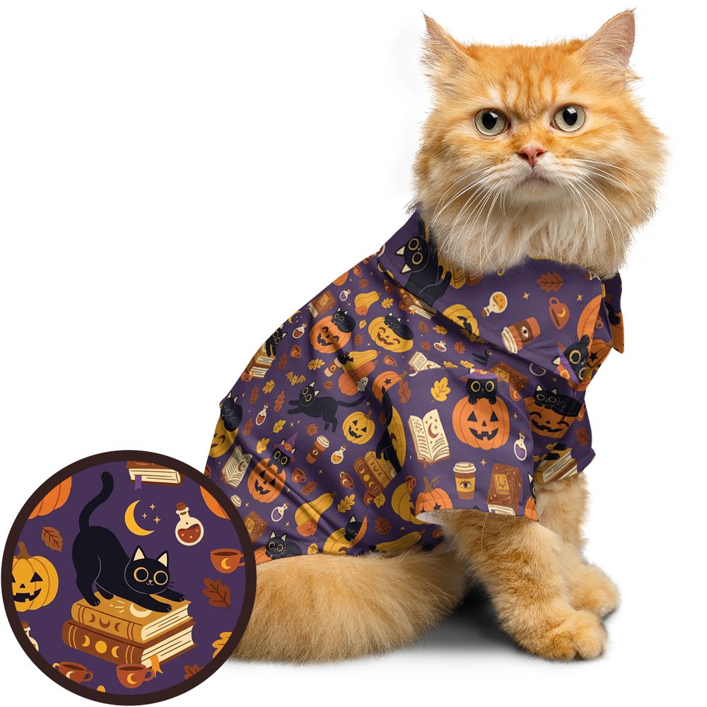 Purple Spooky Black Cat & Pumpkin Magic Pet Hawaiian Shirt -  - 1
