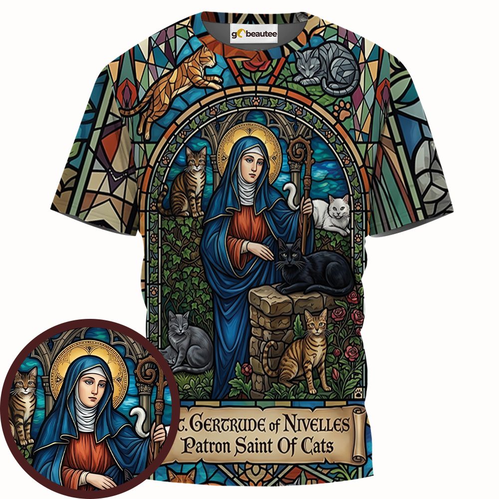 Patron Saint of Cats Stained Glass Full Print Unisex T-Shirt -  - 1