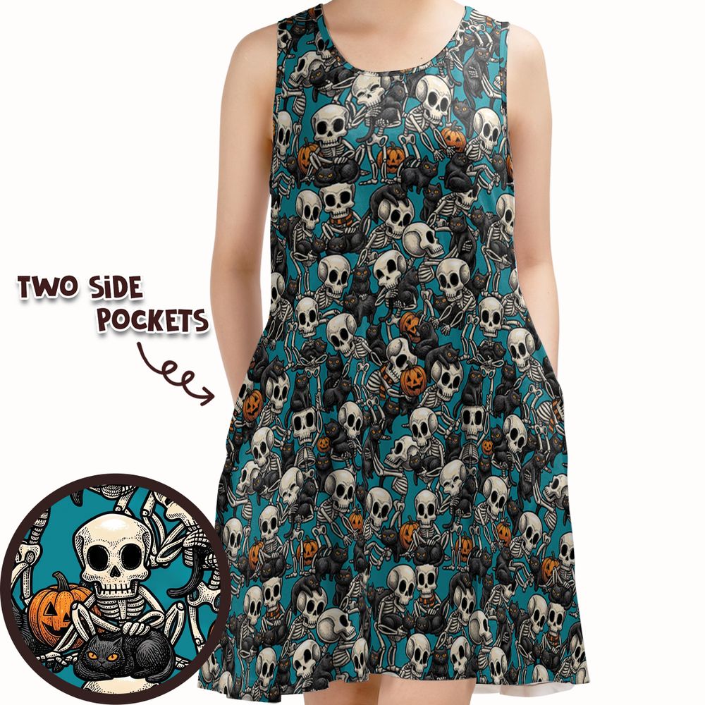 Black Cat Skeleton Halloween Sleeveless Dress -  - 1