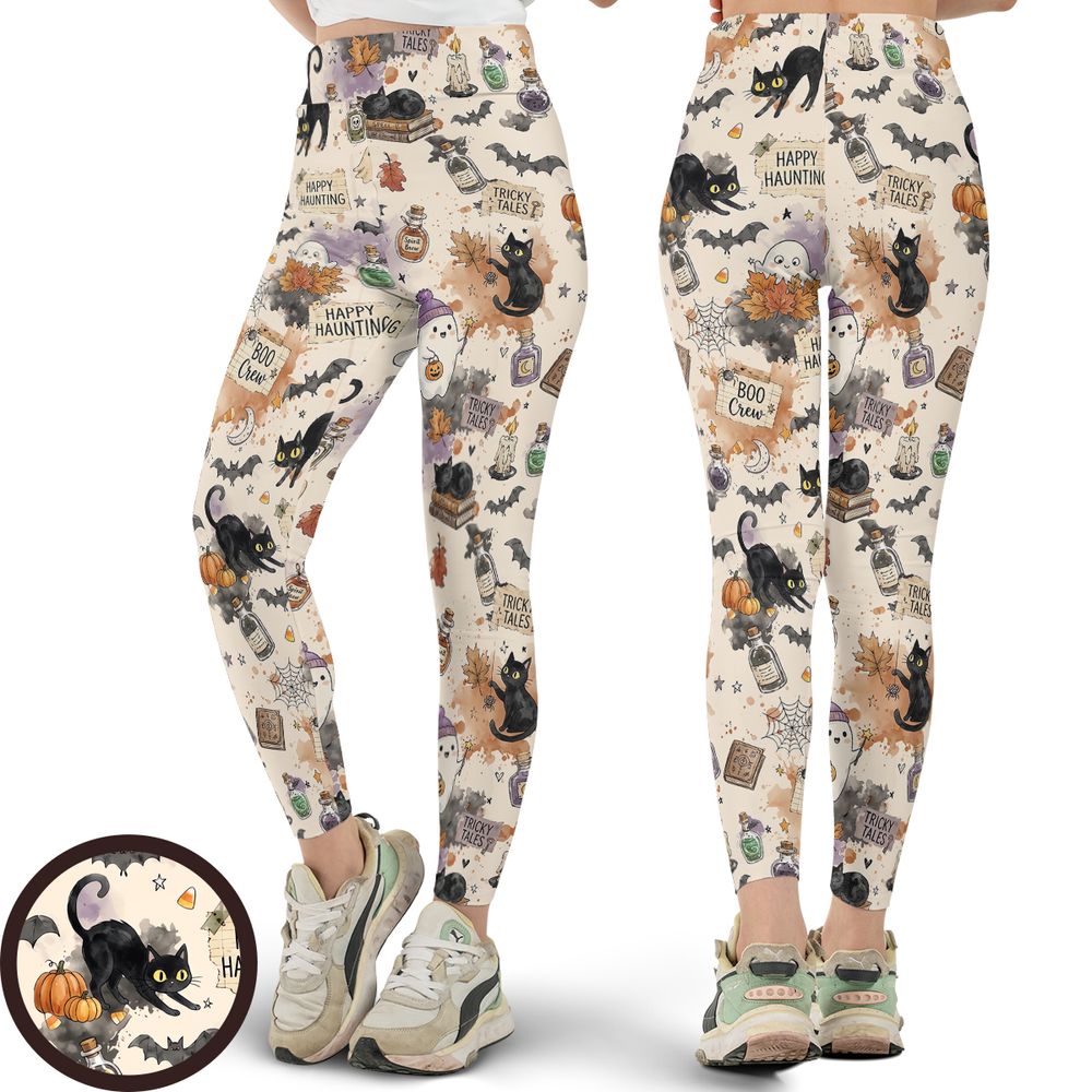 Happy Haunting Black Cat & Potion Spooky Full Print Legging -  - 1