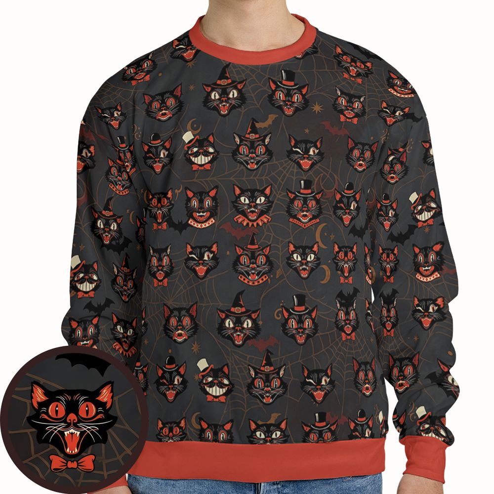 Retro Spooky Black Cat Halloween Hawaiian Shirt -  - 1