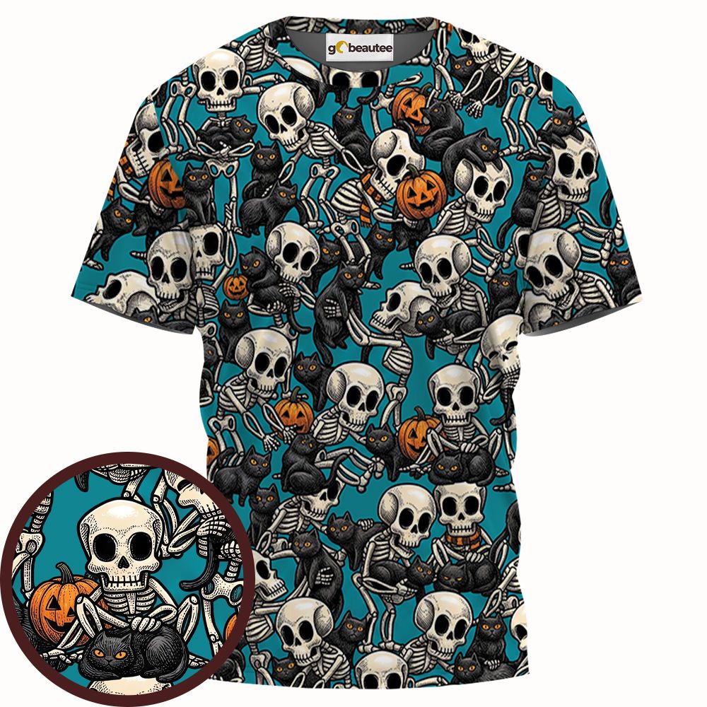 Black Cat Skeleton Halloween Full Print Unisex T-Shirt -  - 1