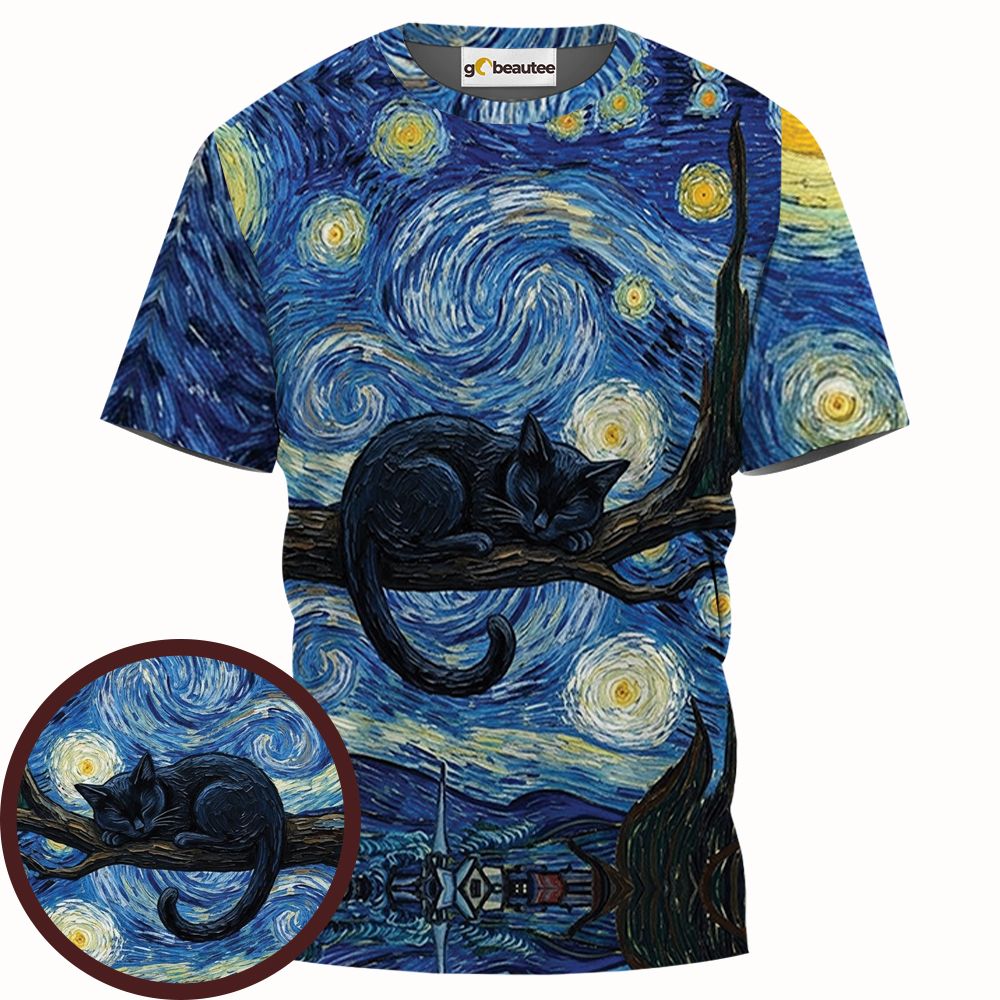 Starry Night and Black Cat Full Print Unisex T-Shirt -  - 1
