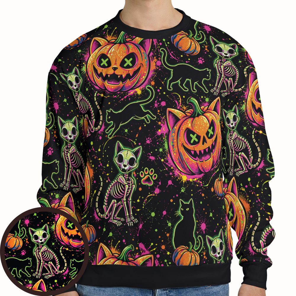 Neon Skeleton Cats & Pumpkins -  - 1
