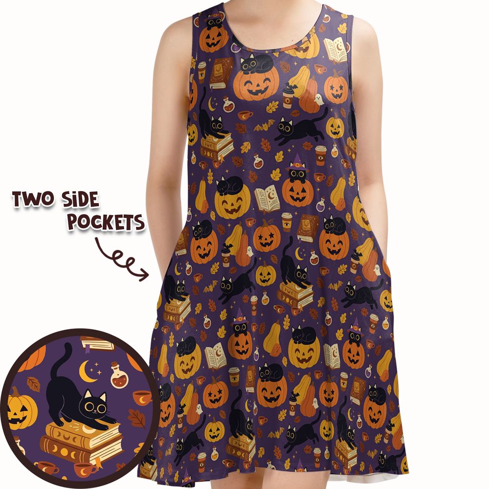 Purple Spooky Black Cat & Pumpkin Magic Sleeveless Dress -  - 1