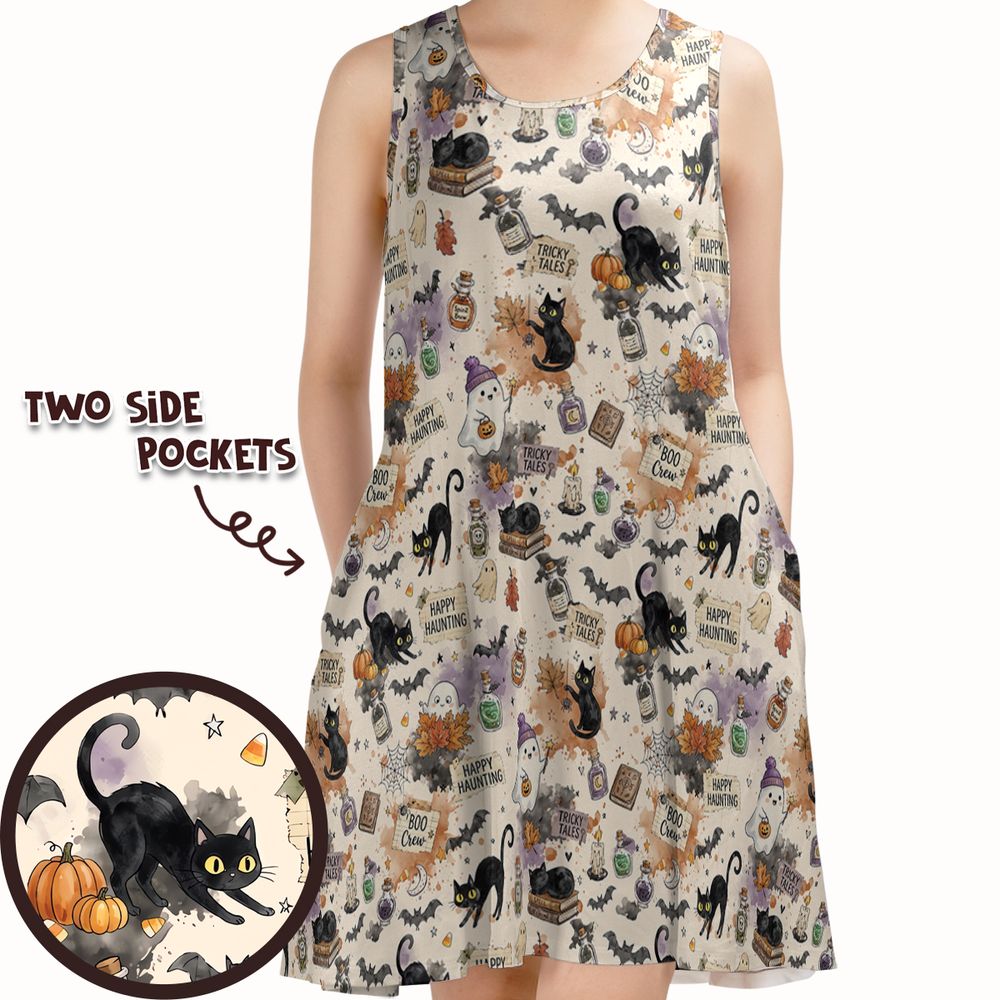 Happy Haunting Black Cat & Potion Spooky Sleeveless Dress -  - 1