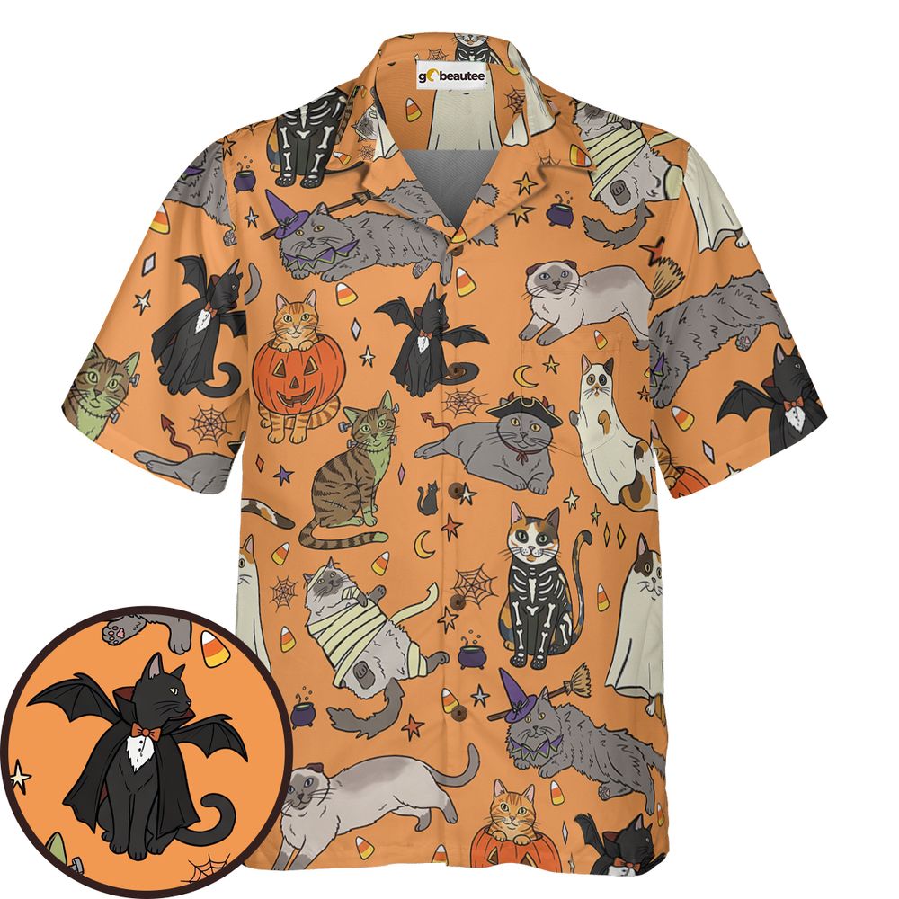 Spooky Orange Halloween Costume Cats Pattern Hawaiian Shirt -  - 1