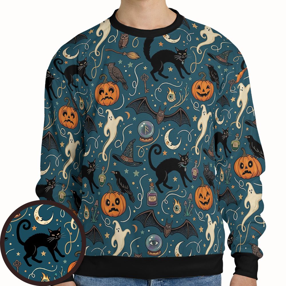 Magical Black Cat &amp; Spooky Night Halloween Full Print Sweatshirt -  - 1
