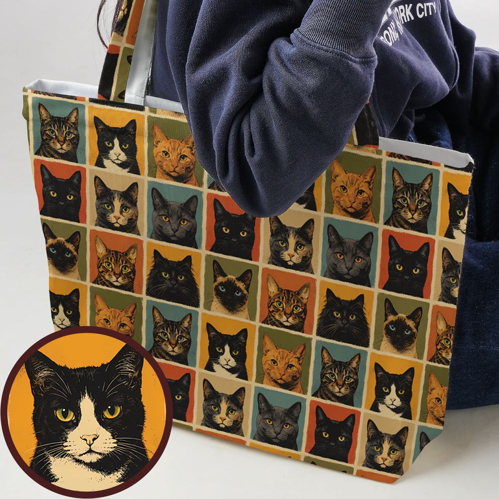 Retro Cat portrait Large Tote Bag -  - 1