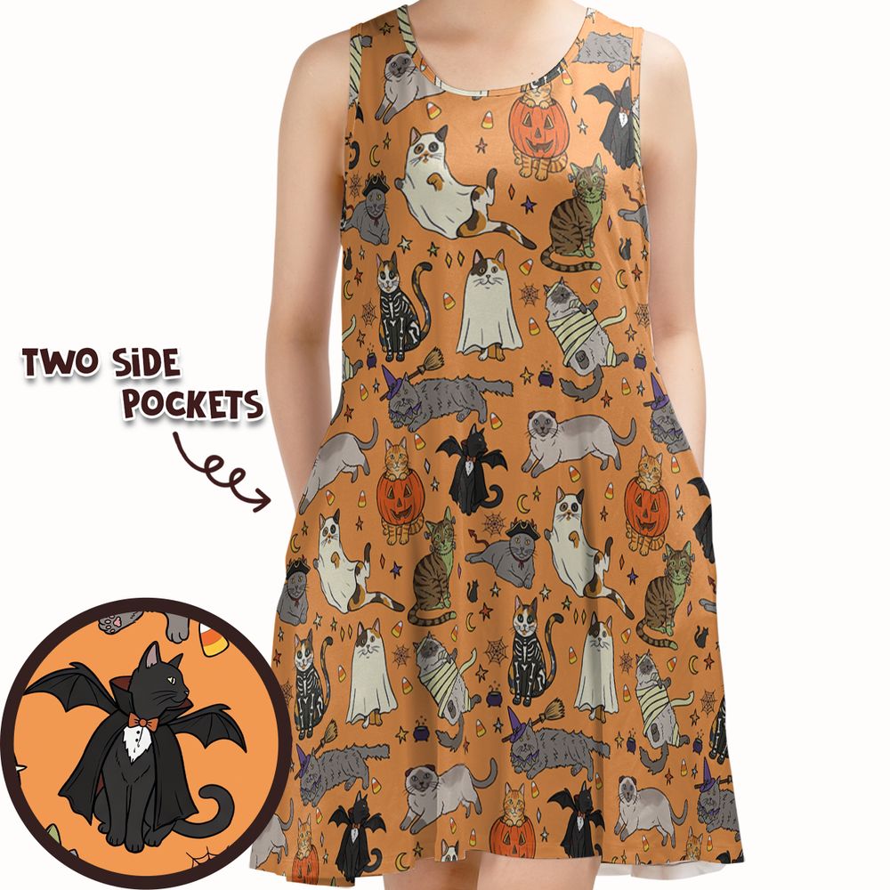 Spooky Orange Halloween Costume Cats Pattern Sleeveless Dress -  - 1