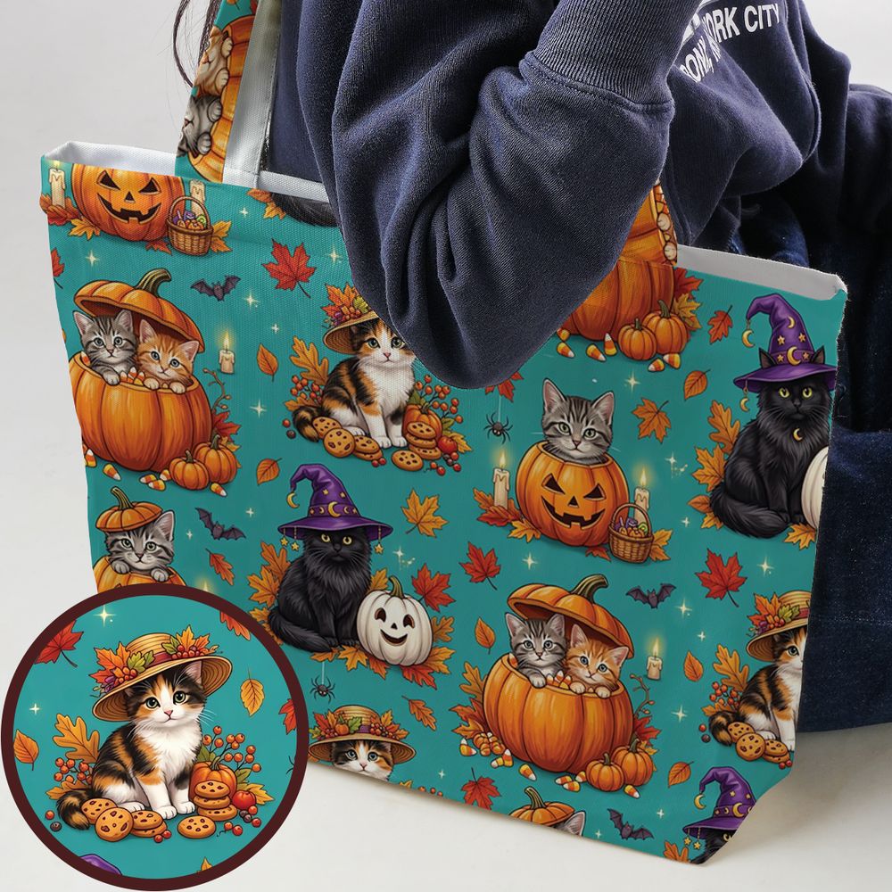 Festive Fall Pumpkin & Witch Cat Large Tote Bag -  - 1