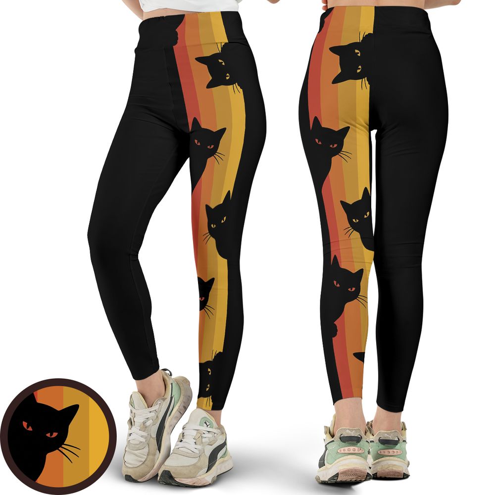Retro Sunset Peeking Black Cat Full Print Legging -  - 1