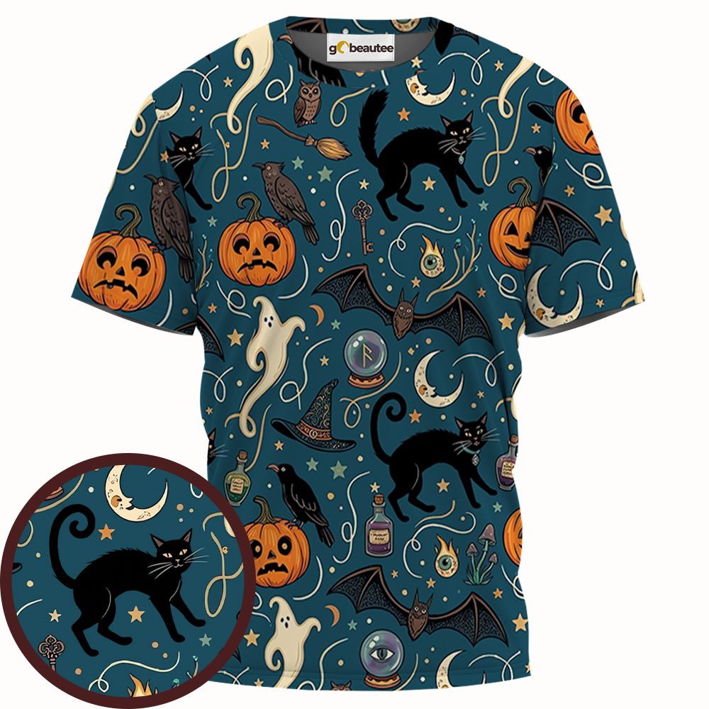 Magical Black Cat &amp; Spooky Night Halloween Full Print Unisex T-Shirt -  - 1