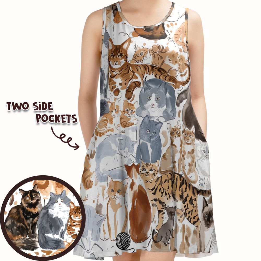 Watercolor cat Sleeveless Dress -  - 1