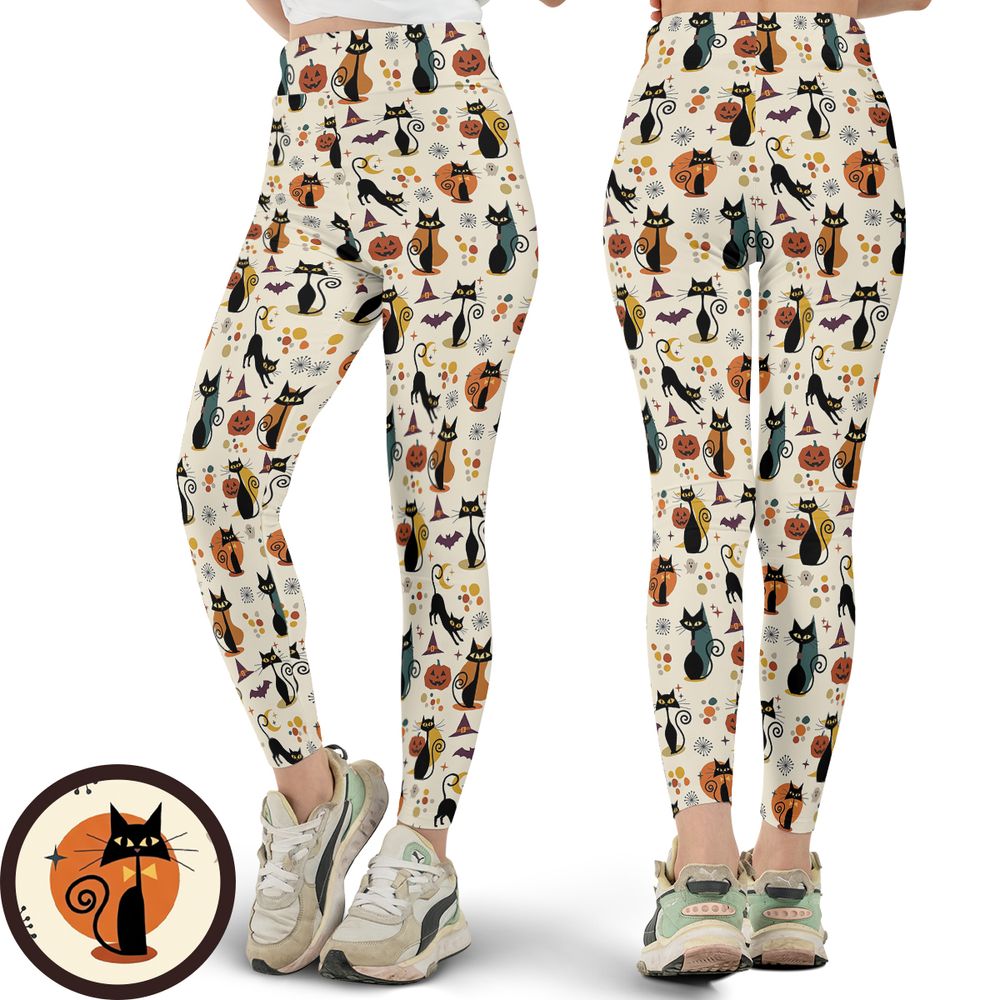Mid Century Atomic Black Cats Full Print Legging -  - 1