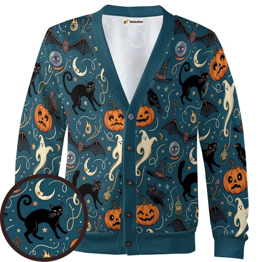 Magical Black Cat &amp; Spooky Night Halloween Cardigan -  - 1