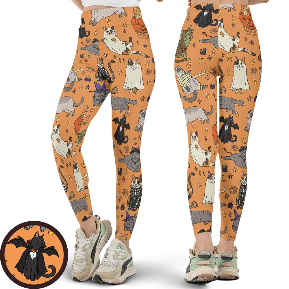 Spooky Orange Halloween Costume Cats Pattern Full Print Legging -  - 1