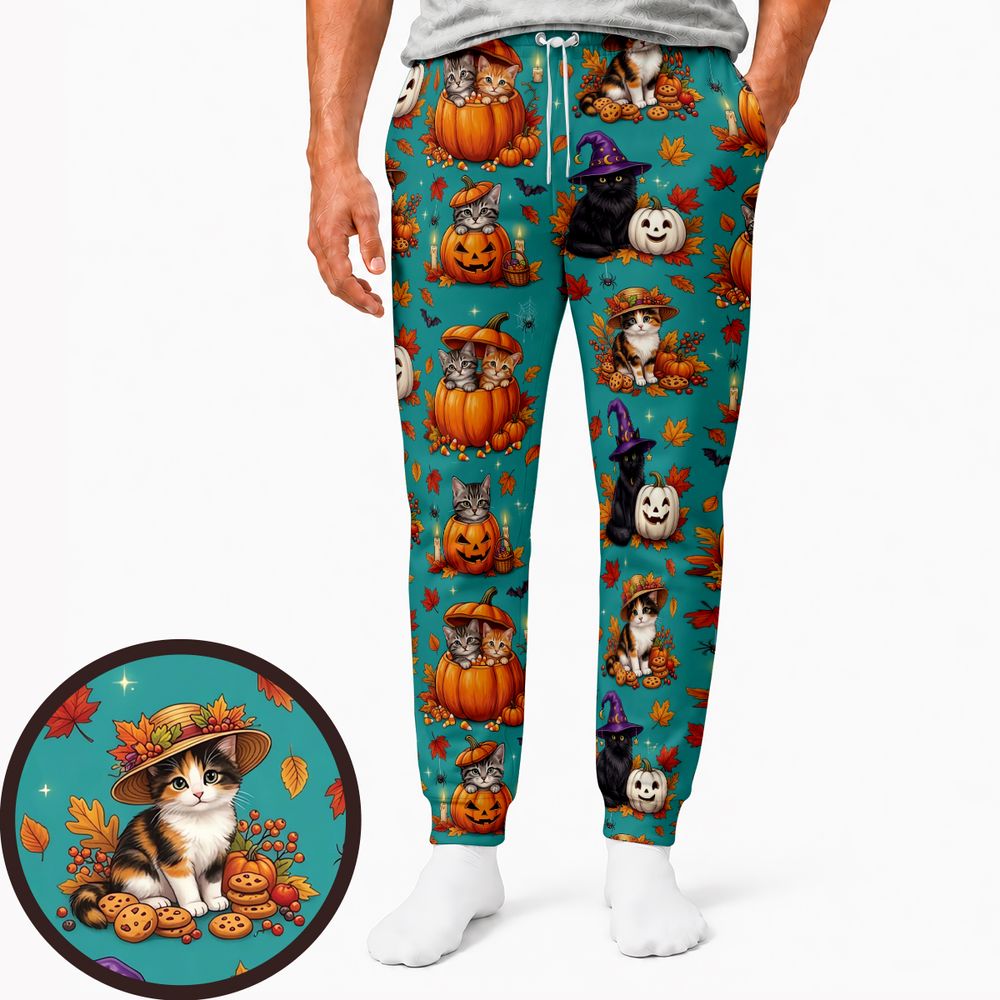 Festive Fall Pumpkin &amp; Witch Cat Sweatpants -  - 1