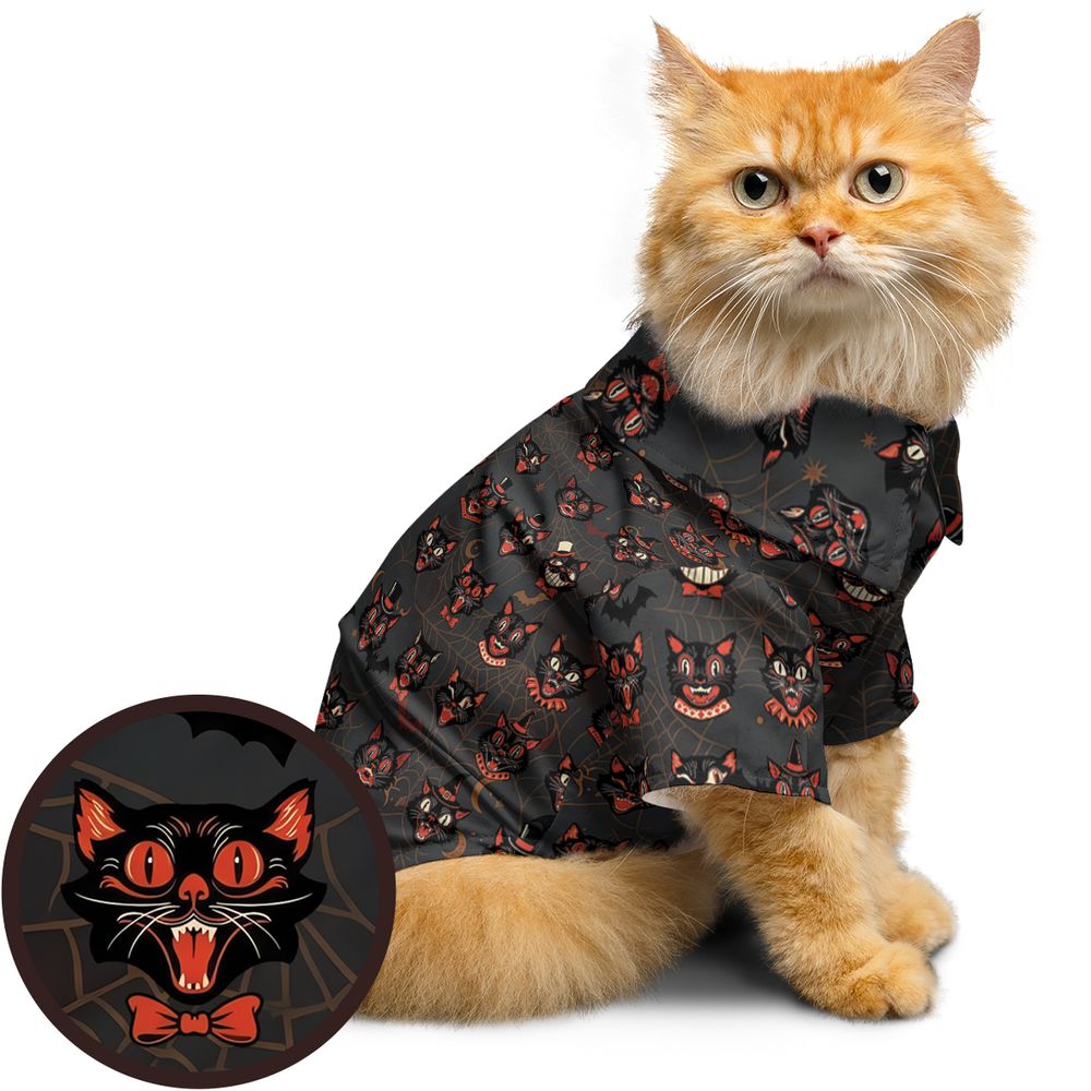 Retro Spooky Black Cat Halloween Pet Hawaiian Shirt -  - 1