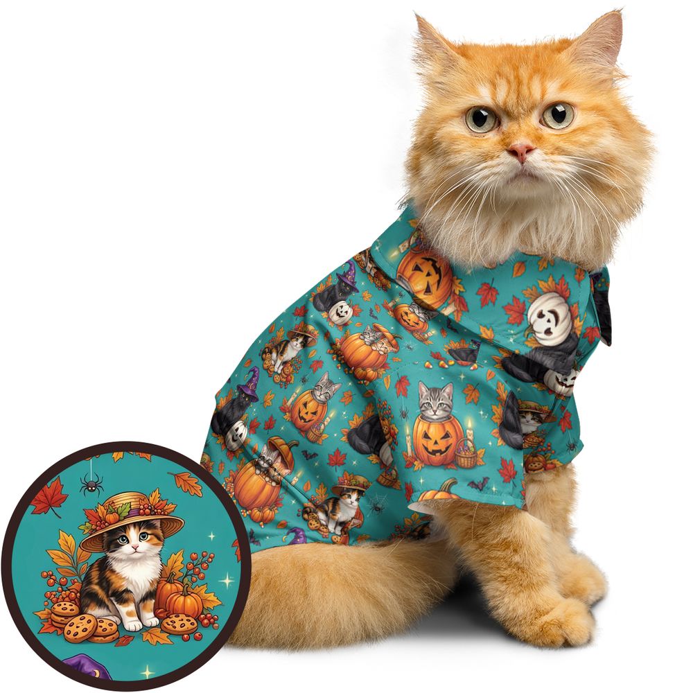 Festive Fall Pumpkin &amp; Witch Cat Pet Hawaiian Shirt -  - 1