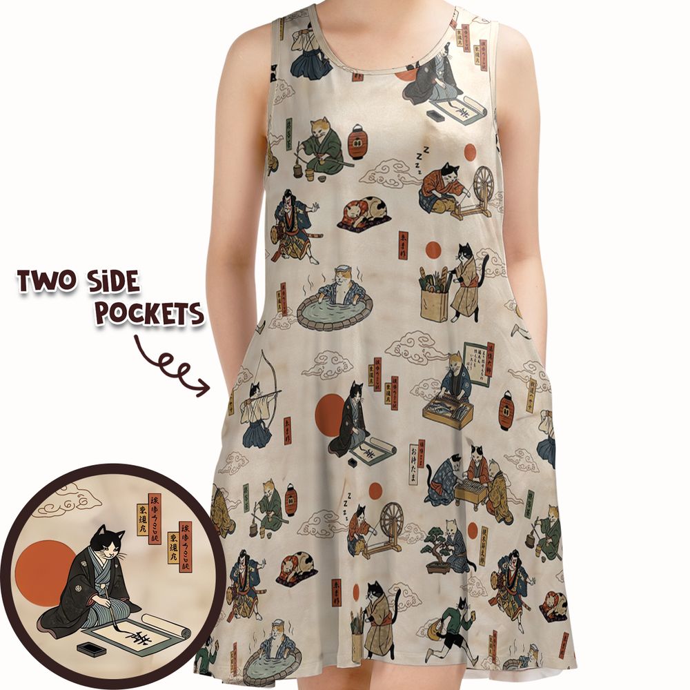Ukiyo-e cat Sleeveless Dress -  - 1