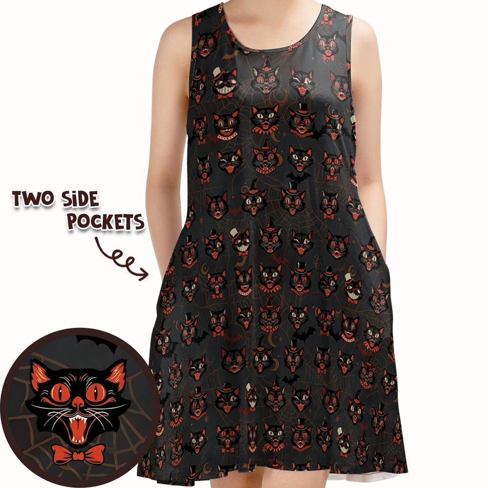 Retro Spooky Black Cat Halloween Sleeveless Dress -  - 1