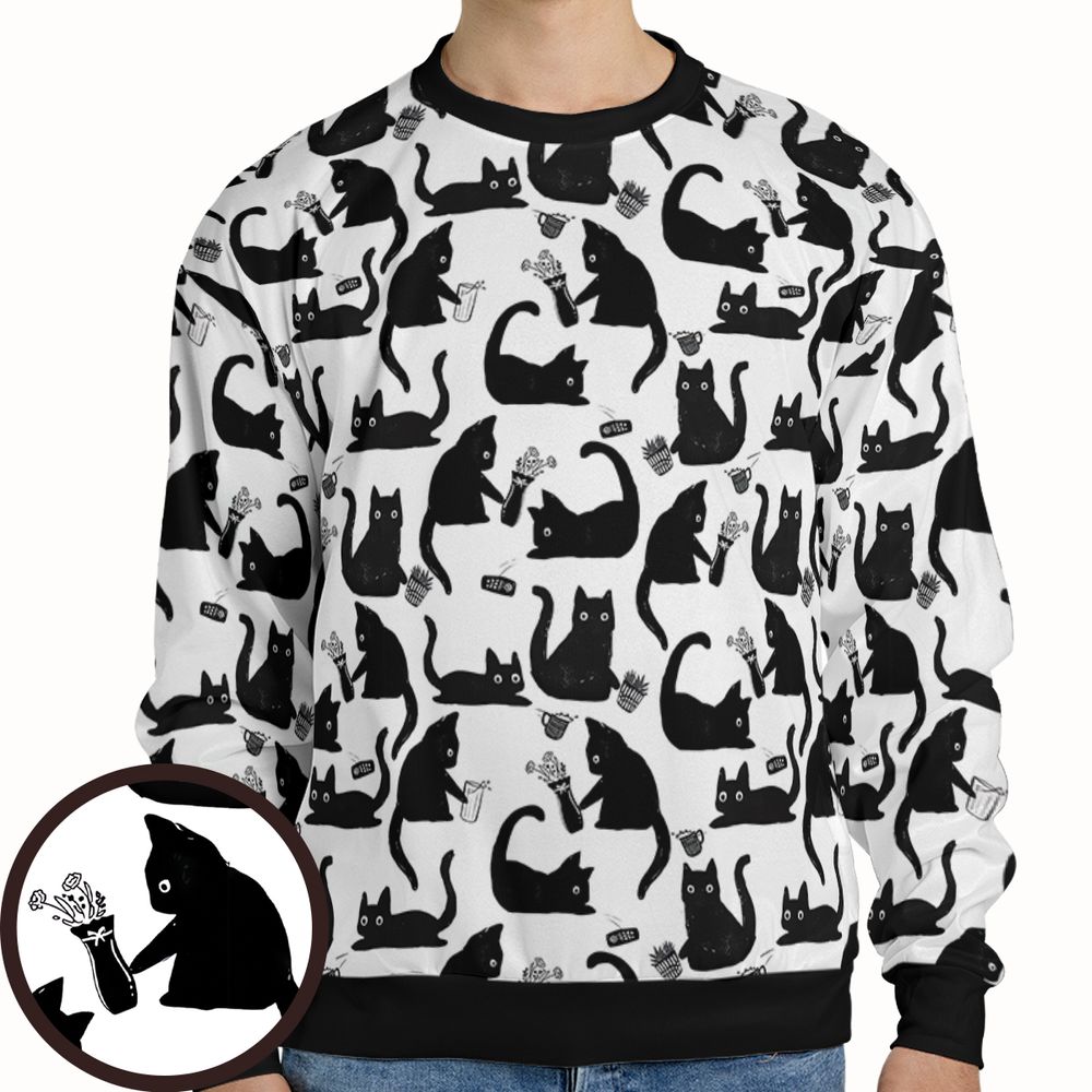 Mischievous Black Cat Pattern Full Print Sweatshirt -  - 1