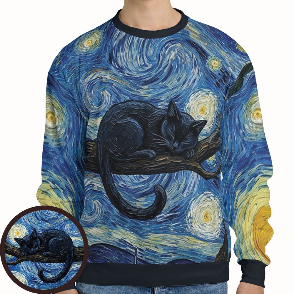 Starry Night and Black Cat Full Print Sweatshirt -  - 1