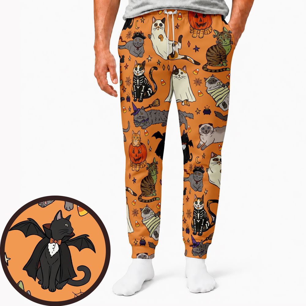 Spooky Orange Halloween Costume Cats Pattern Sweatpants -  - 1