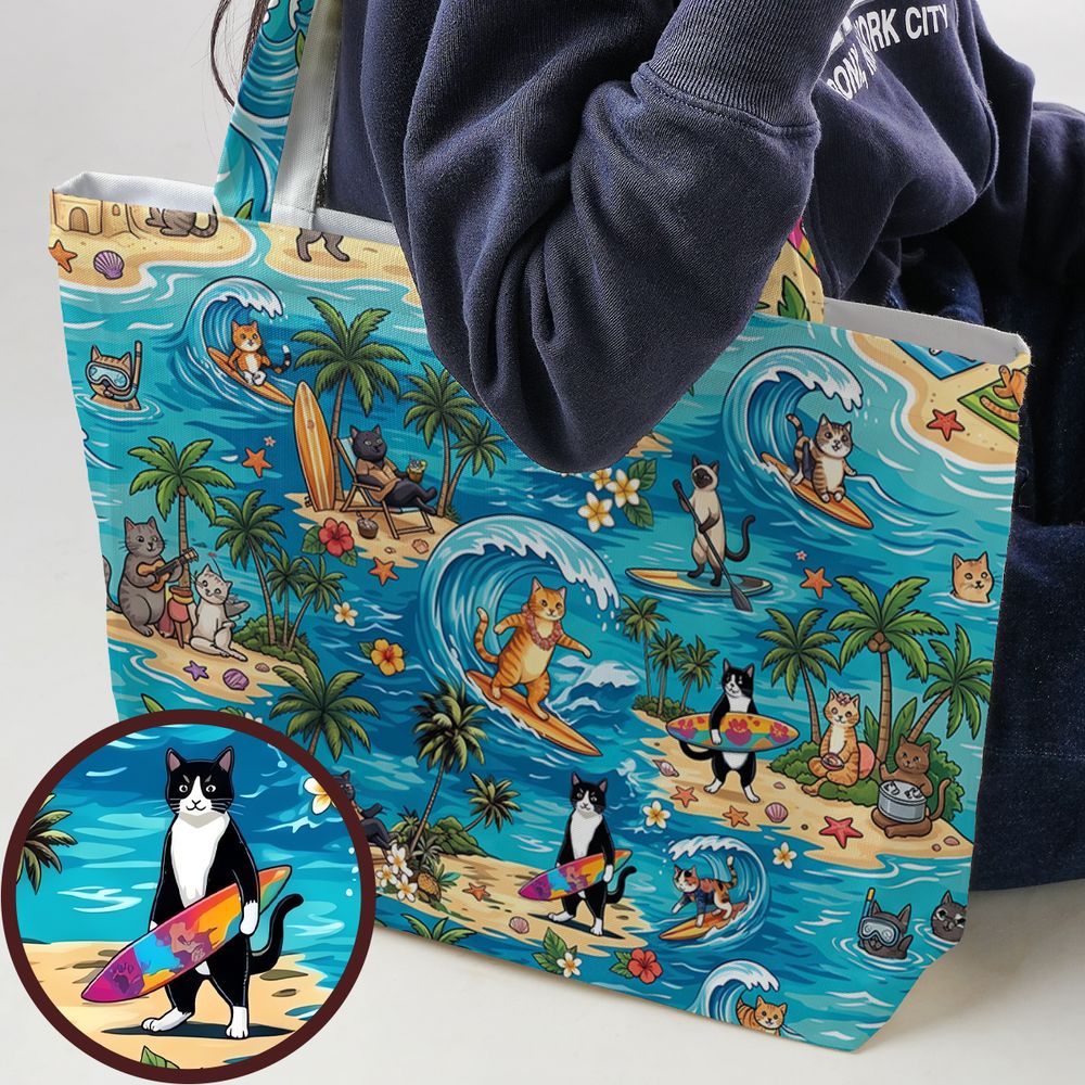 Cats Surfing Large Tote Bag -  - 1
