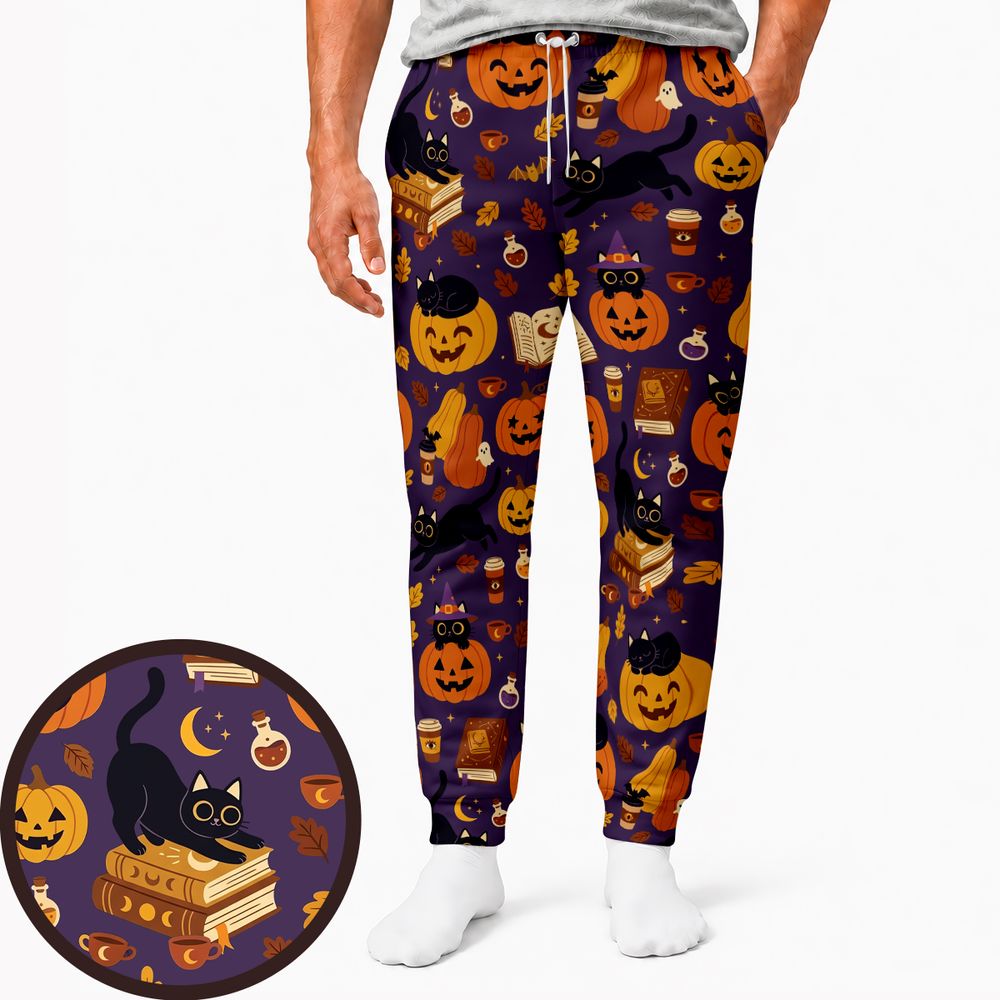 Purple Spooky Black Cat & Pumpkin Magic Sweatpants -  - 1