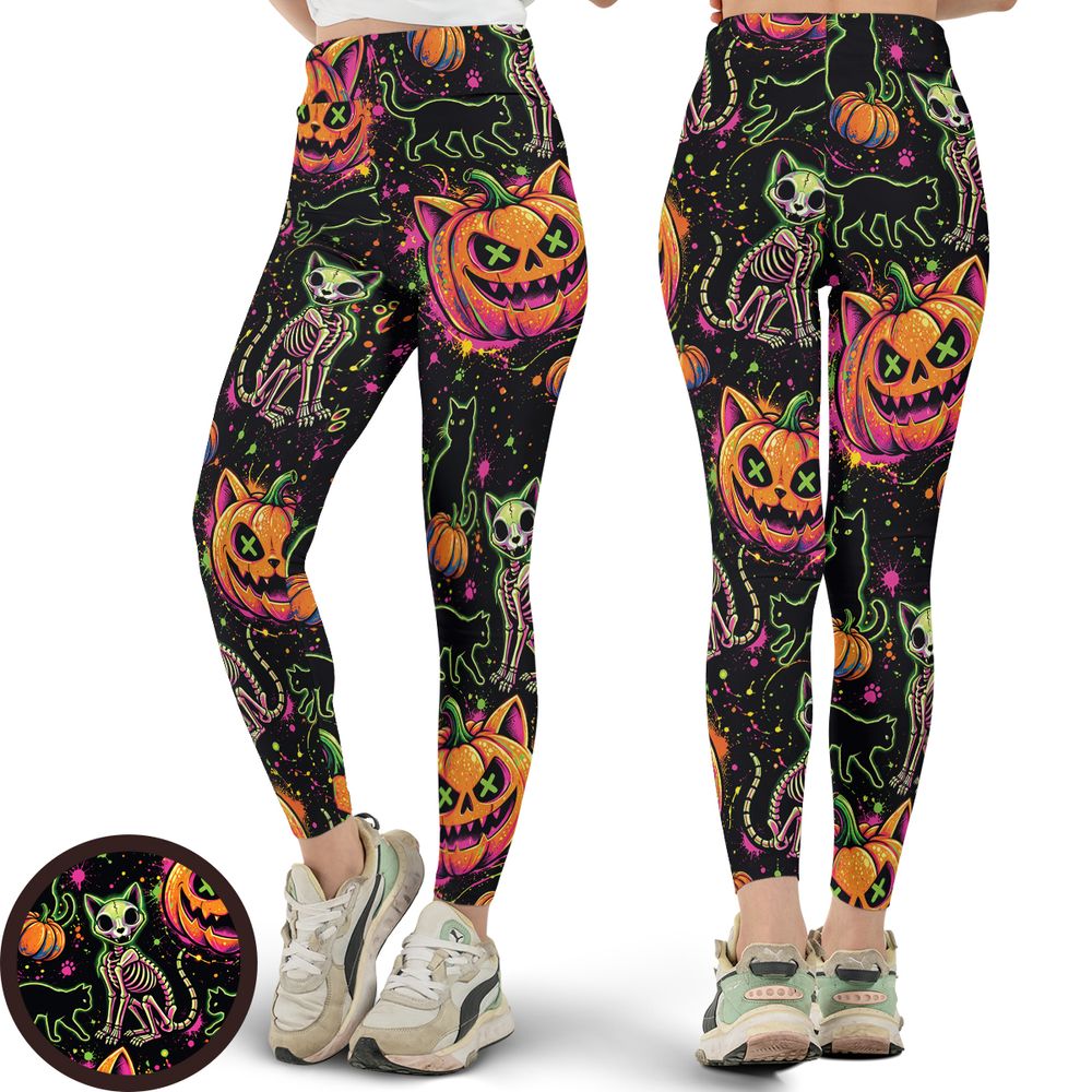 Neon Skeleton Cats &amp; Pumpkins -  - 1
