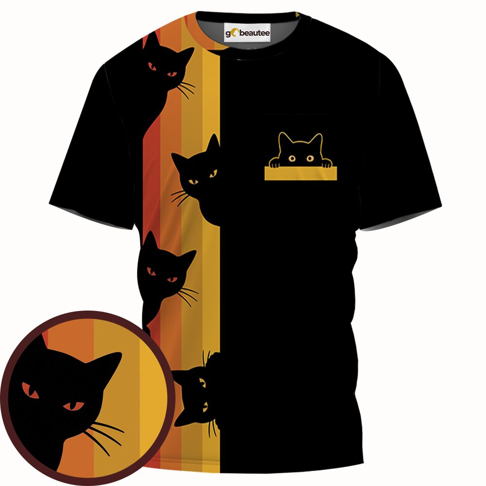 Retro Sunset Peeking Black Cat Full Print Unisex T-Shirt -  - 1