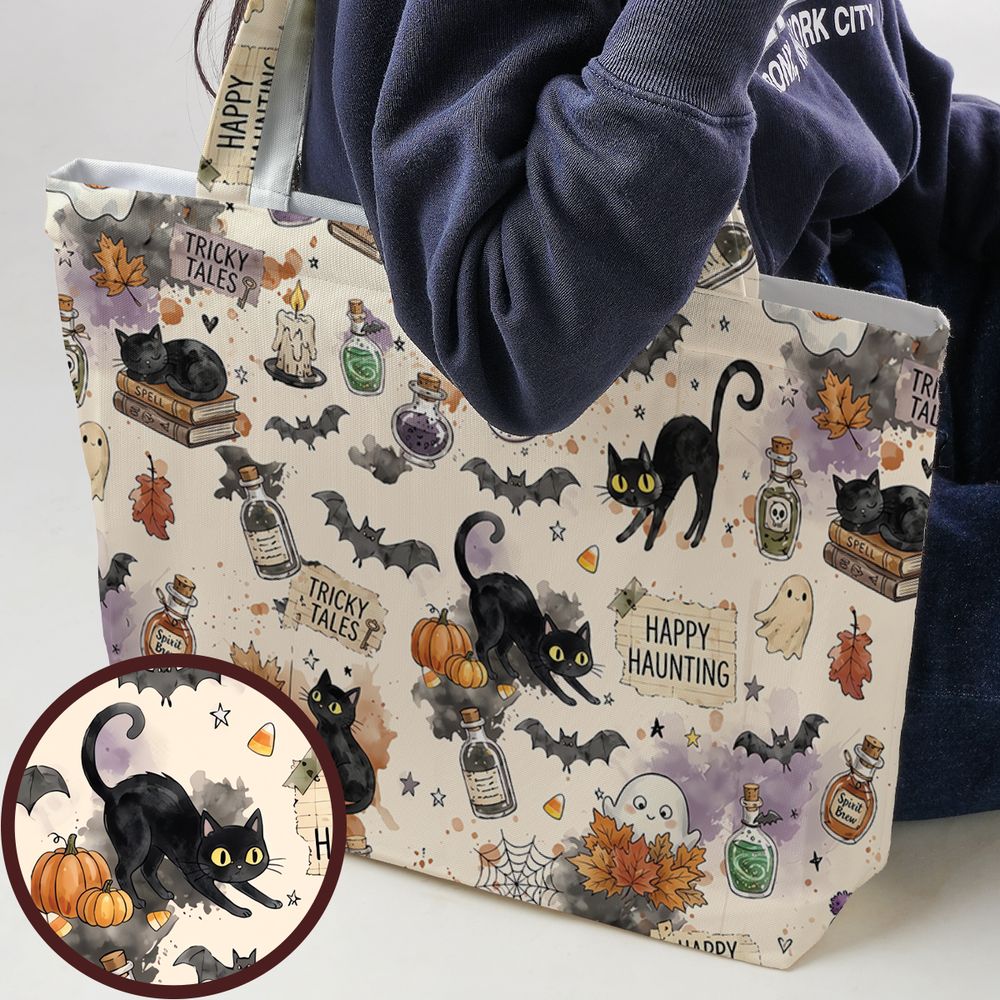 Happy Haunting Black Cat &amp; Potion Spooky Large Tote Bag -  - 1