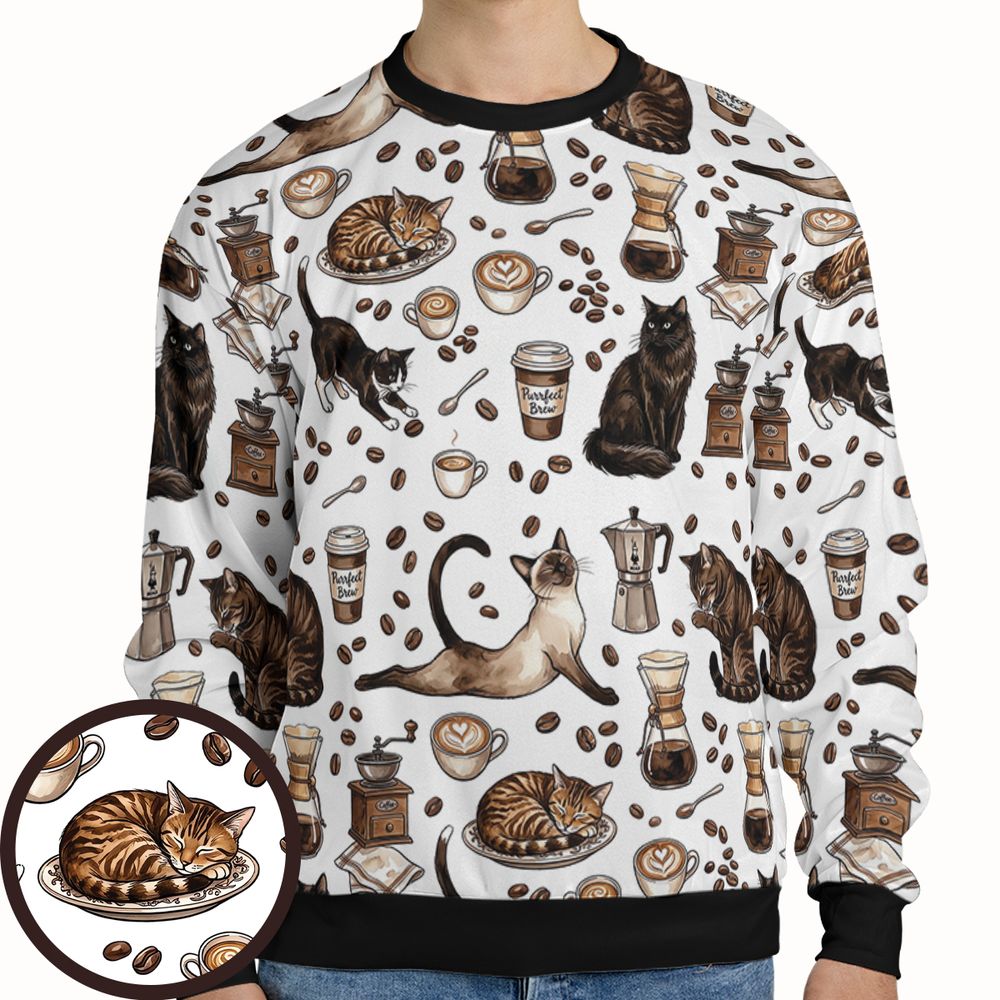 Cat and Coffee Full Print Sweatshirt -  - 1