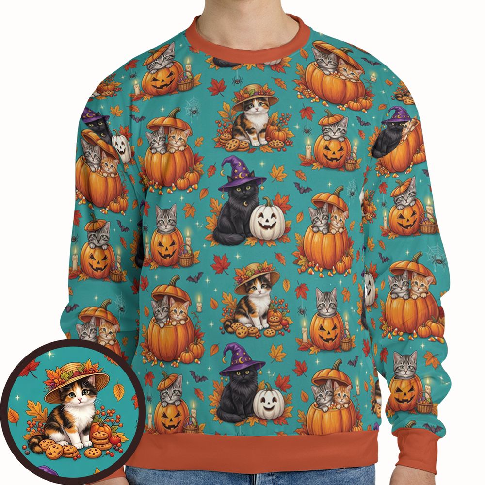 Festive Fall Pumpkin &amp; Witch Cat Full Print Sweatshirt -  - 1