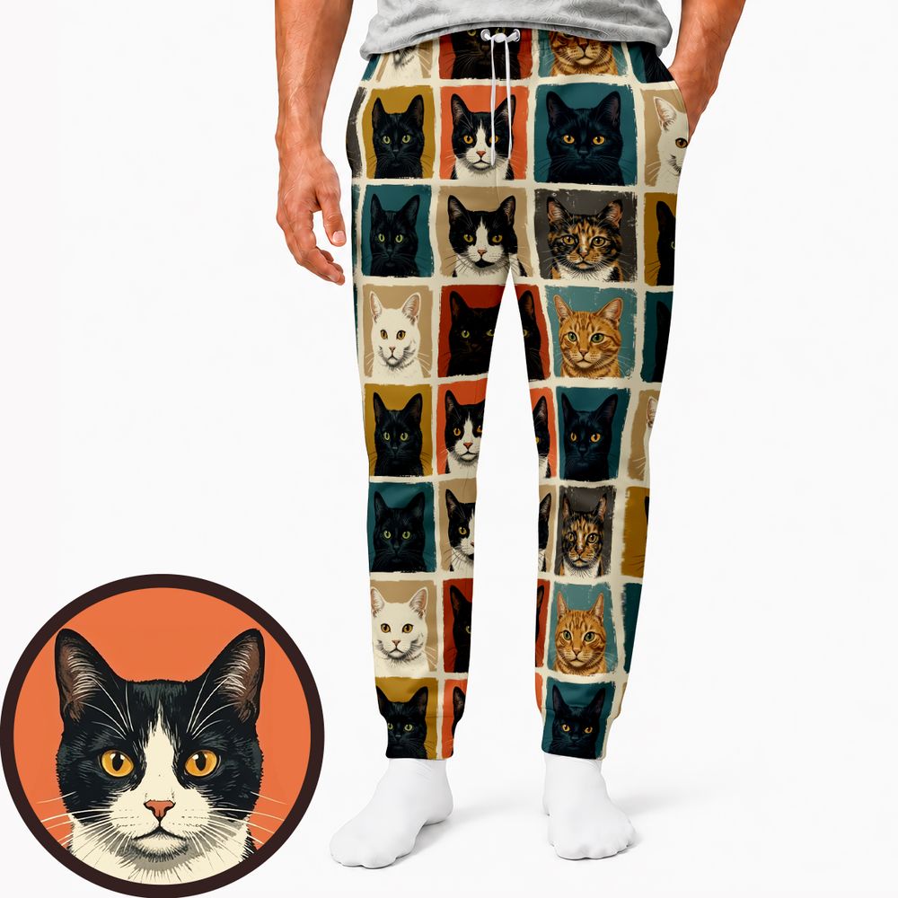 Retro Pop Art Cat Portrait Grid Sweatpants -  - 1